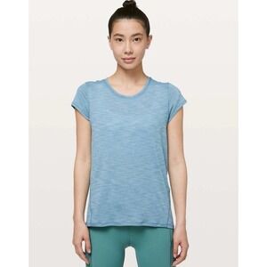 LULULEMON- Another Mile Short Sleeve Tee Shirt -‎ Heatherd Utility Blue - Size 4